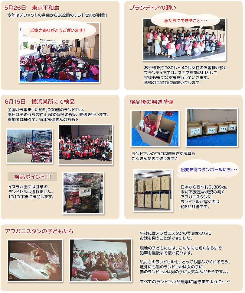 皆様から頂いたランドセルを１つ１つ丁寧に検品、仕分け。お客様とアフガニスタンの子どもたちが笑顔になるように、ブランディアは今後も様々な支援を行っていきます。