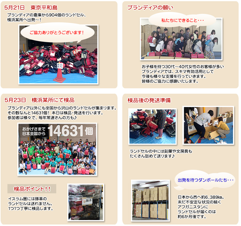 ブランディア以外にも全国から14631個のランドセルが到着！検品から発送準備まで行いました。皆様のご協力に感謝いたします。